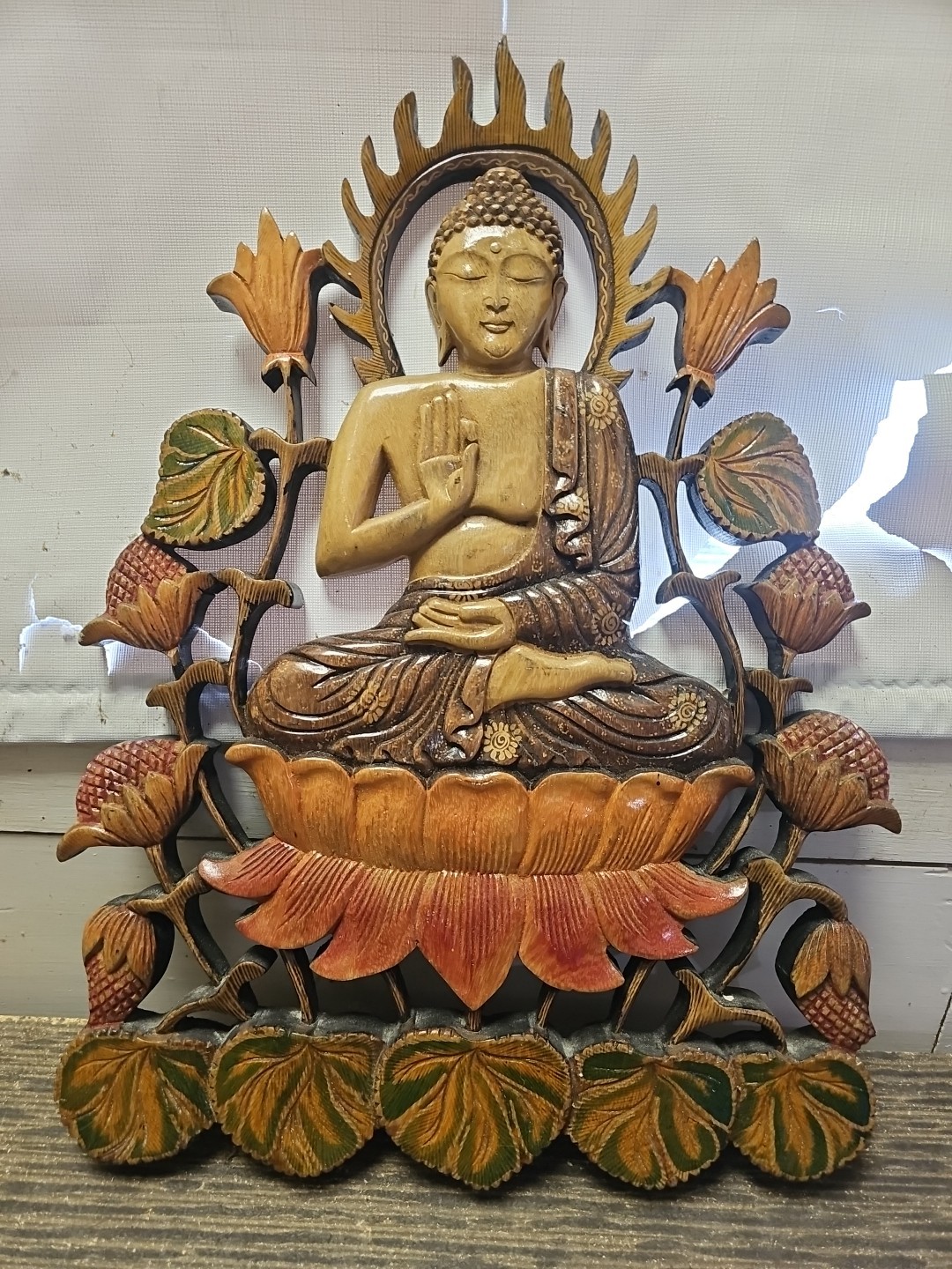Wooden Hand Carved Wall Hanging Buddha Sculpture Statue Panel Relief Plaque. V5