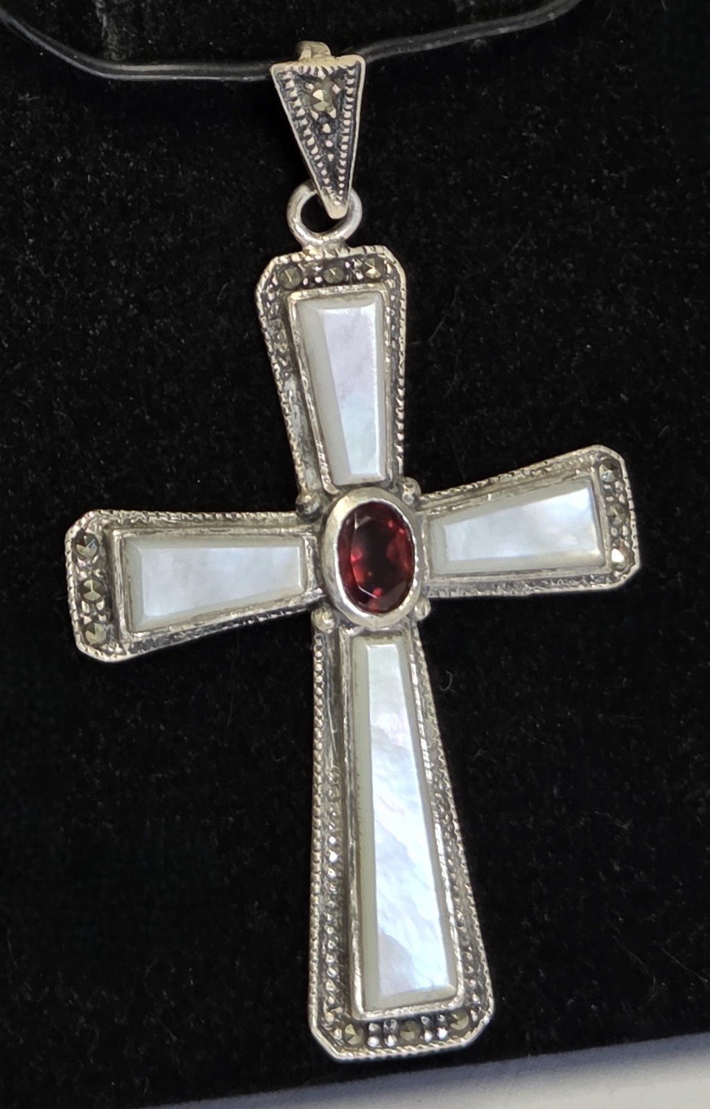 Mother of Pearl Gemstone Cross Sterling Silver Pendant 2.5″ Long MOP Marcasites