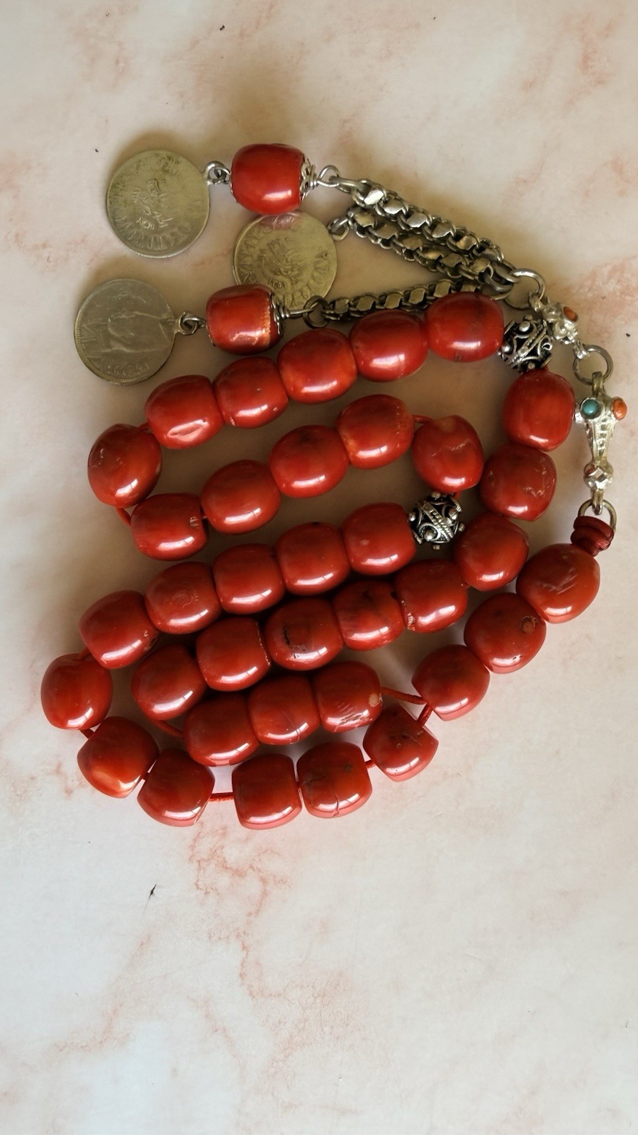 Vintage Natural coral -Red Coral silver tassel- 33 islamic prayer beads 128g 11m