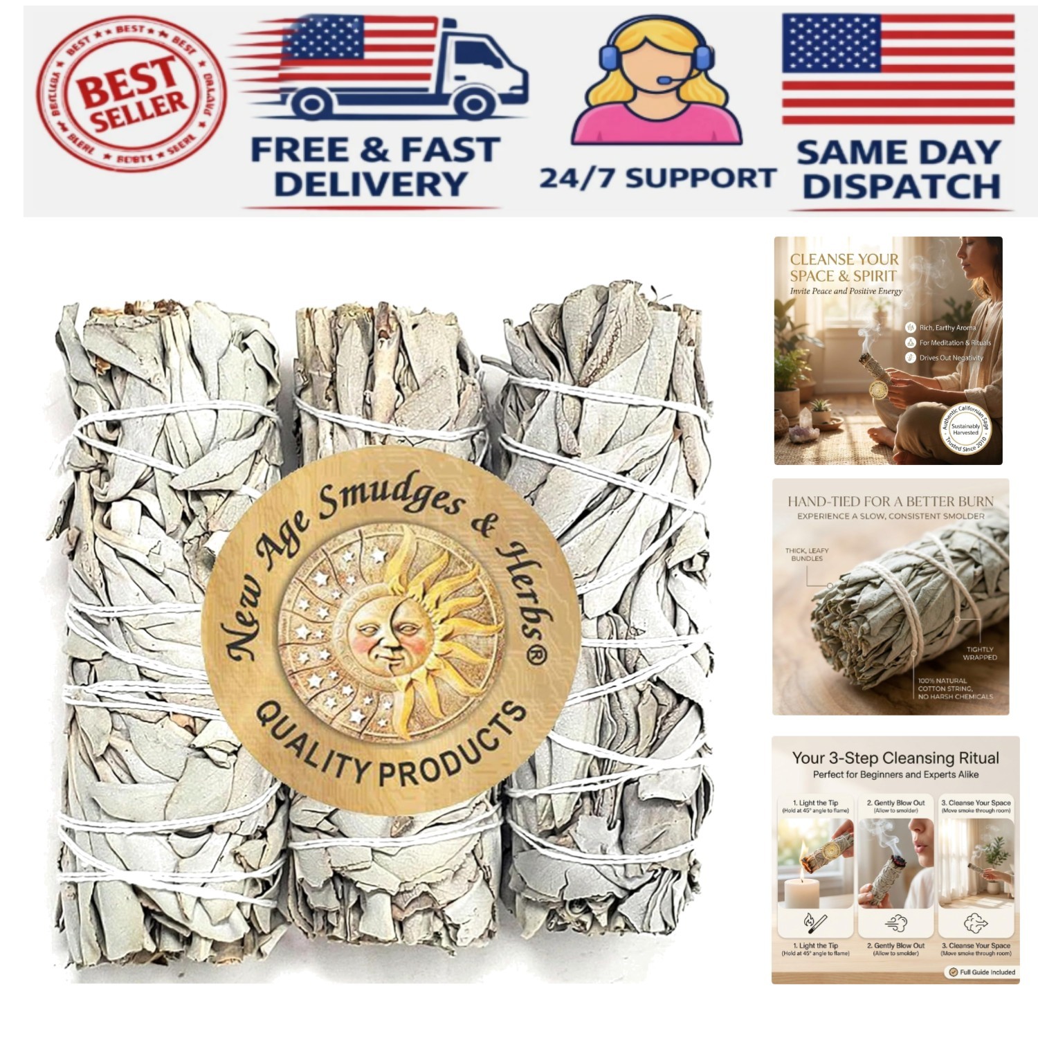 4 Inch California White Sage Smudge Sticks – 3 Count for Meditation & Cleansing