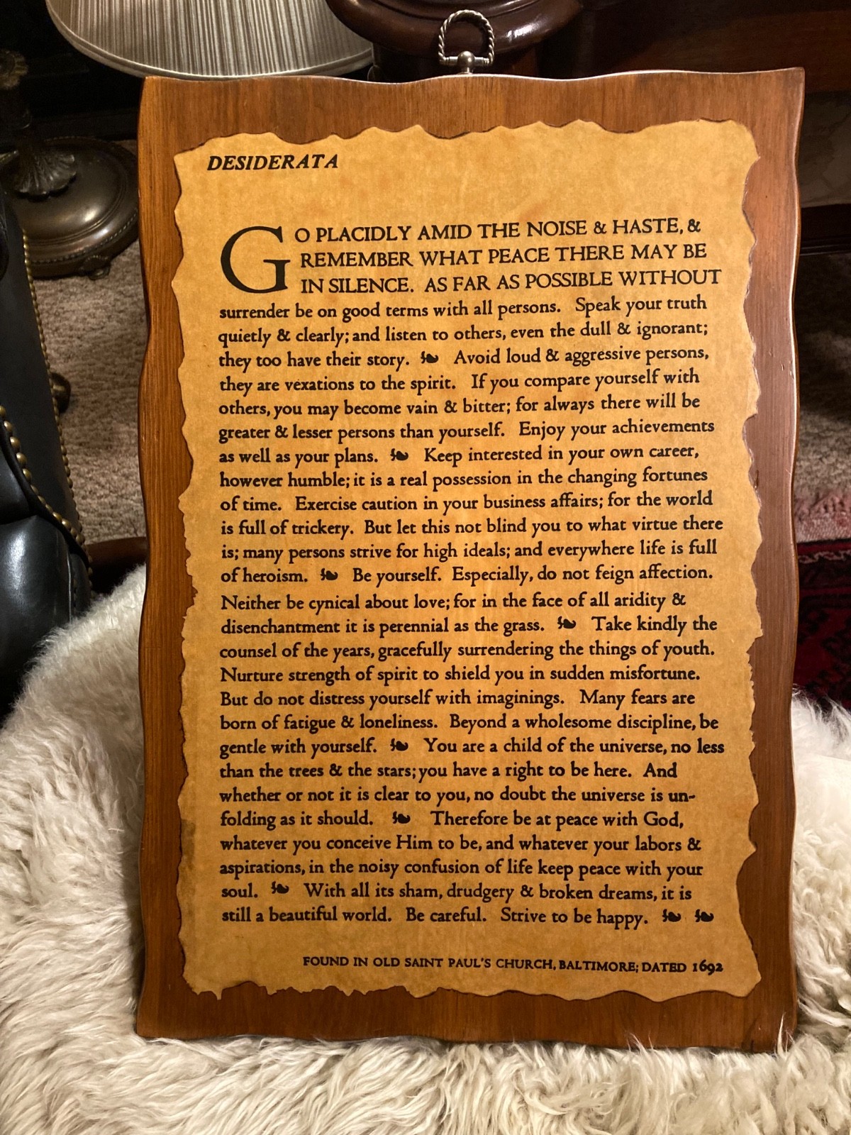 Vintage Desiderata Wall Plaque Poem On Wood Panel-Decoupage Coated- Brass Hanger