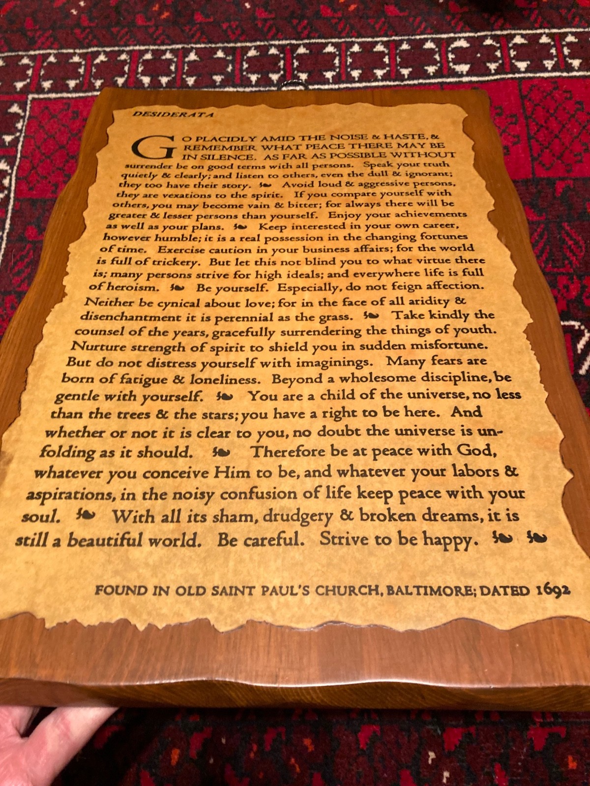 Vintage Desiderata Wall Plaque Poem On Wood Panel-Decoupage Coated- Brass Hanger