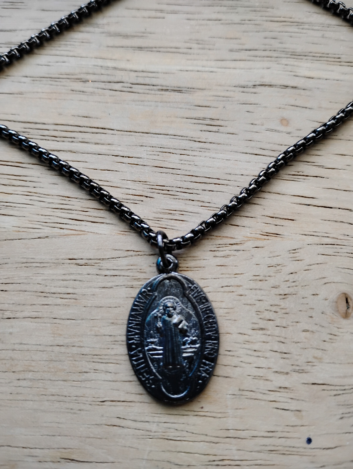 Italian Black Gunmetal St Benedict Medal Necklace Stainless steel rolo box chain