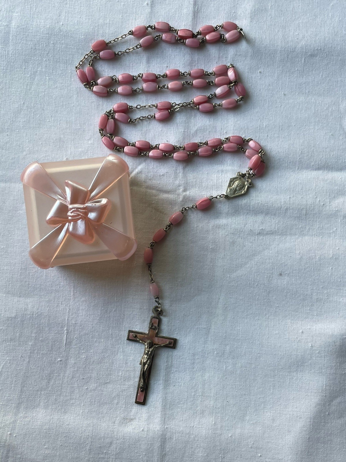 Vintage French Pink Satin Glass Mother of Pearl Inlay Crucifix France Tag
