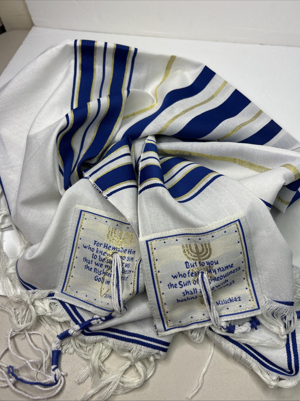 Messianic Tallit Prayer Shawl/Kippah Israel Jewish Zipper Bag White/Gold/Blue