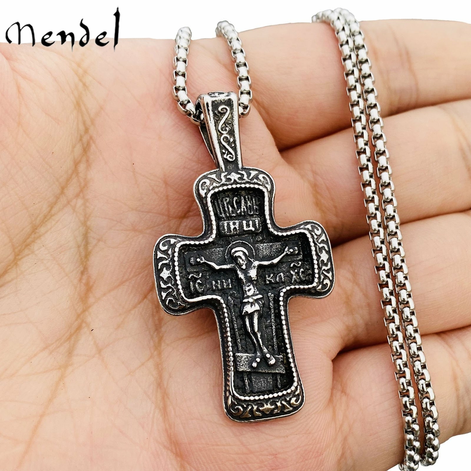 MENDEL Mens Russian Orthodox Crucifix Cross Pendant Necklace Stainless Steel Men