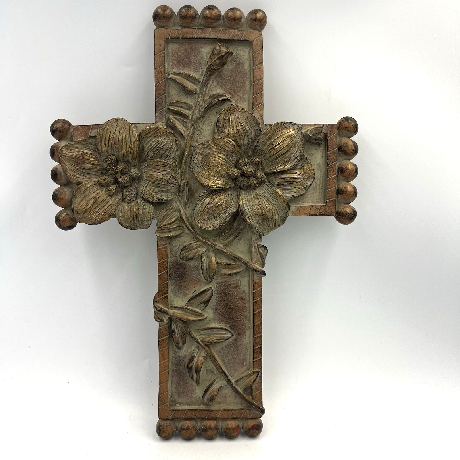 Decorative Hanging Cross 13″ Wood or Resin Unknown Flowers Brown