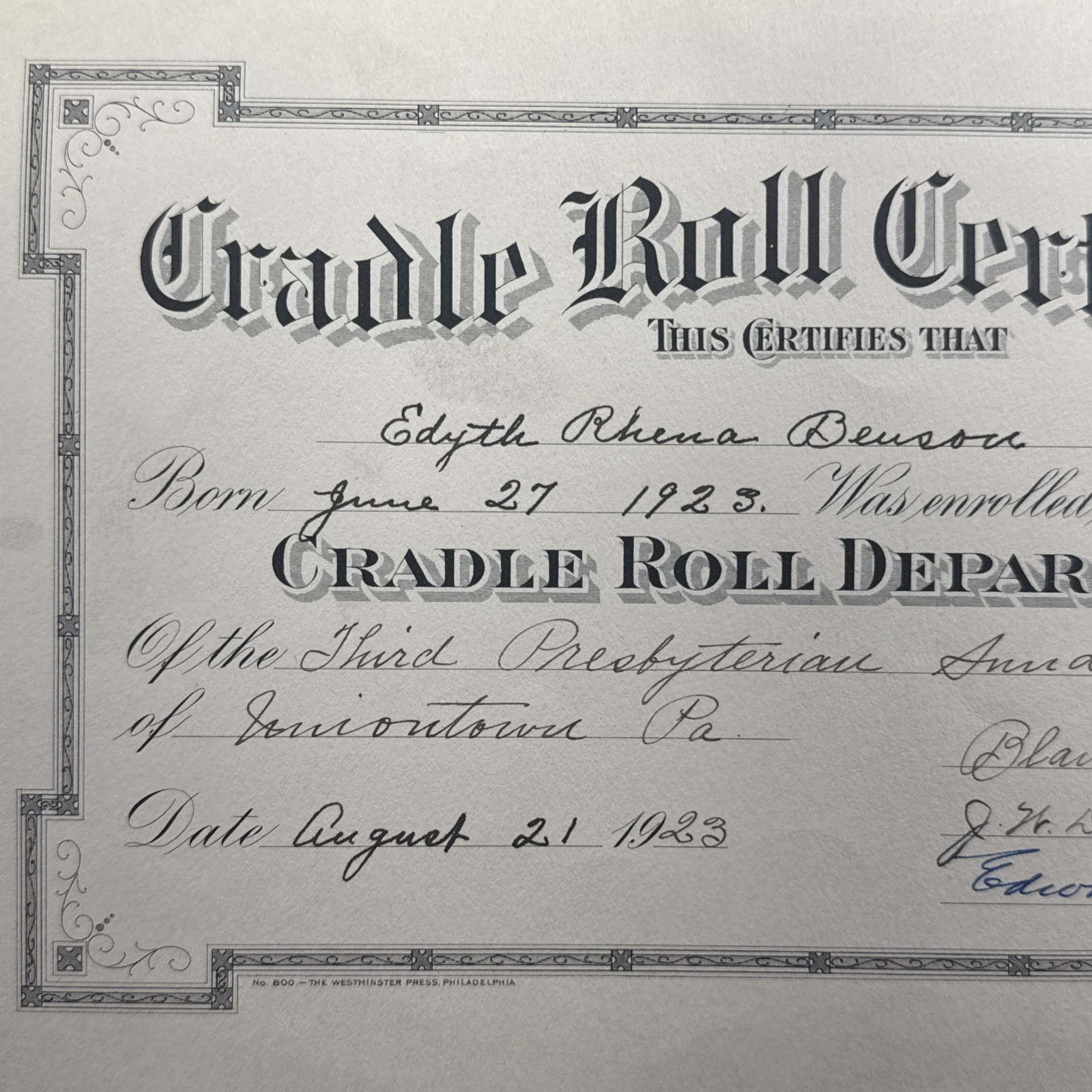 1923 Uniontown, Pennsylvania Third Presbyterian Church Cradle Roll Certificate