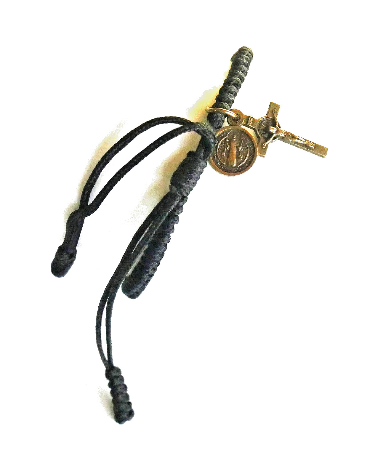 Black Cord Adjustable Bracelet with Bronze Tone St Benedict Medal and Crucifix