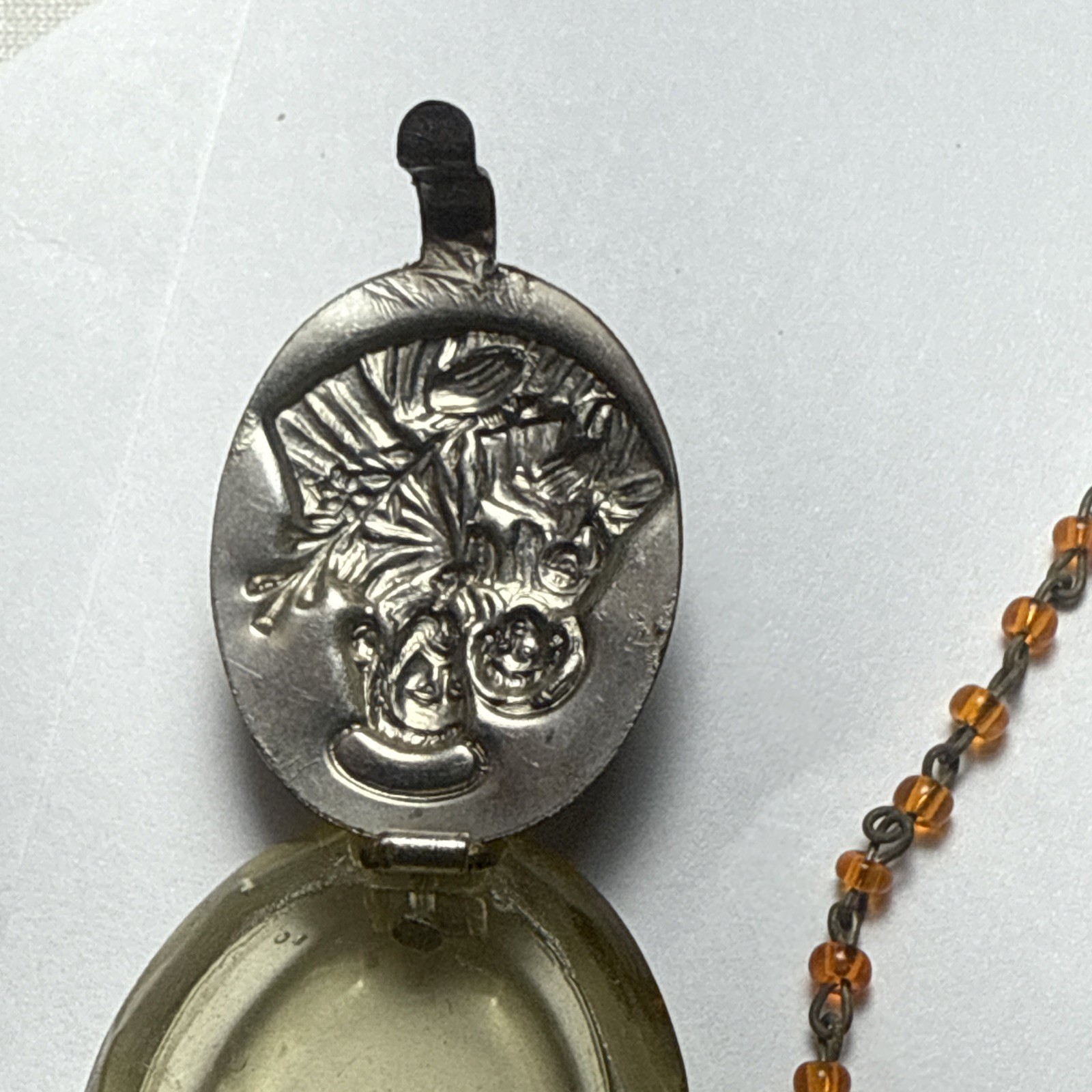 mini rosary Czech Glass In Czech Lucite Holder Pendant Antique Czechoslovakia