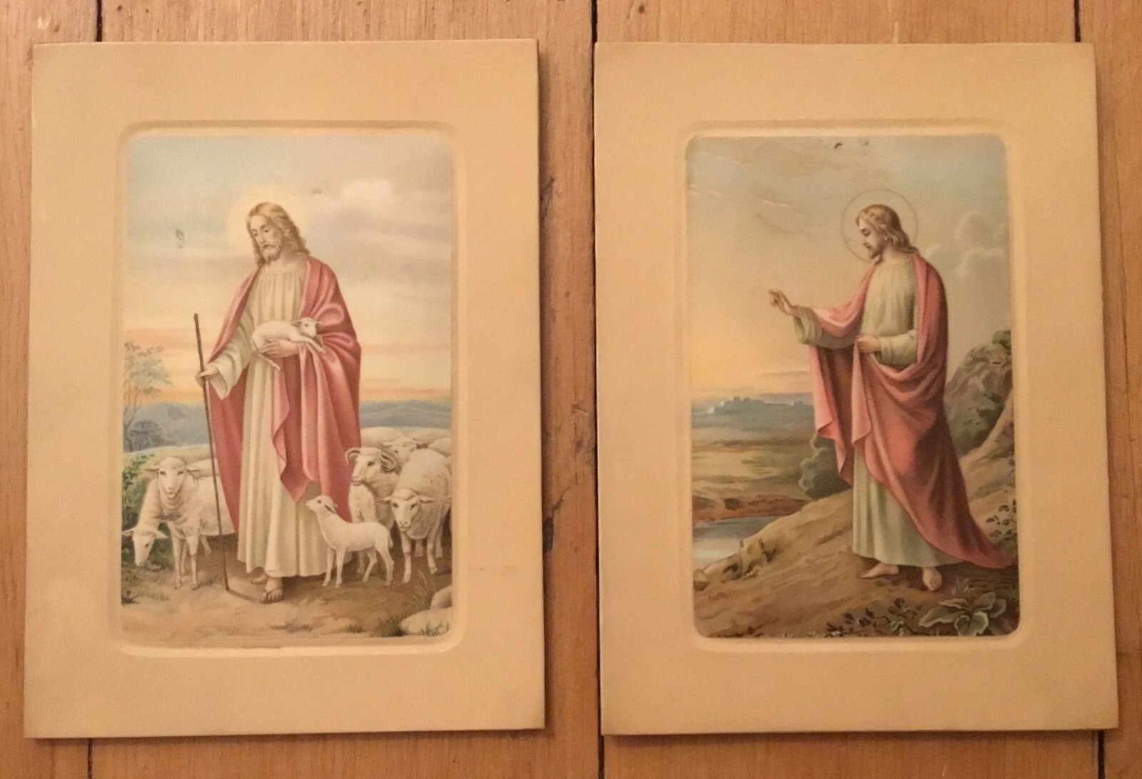 VTG CHRIST GOOD SHEPARD JESUS LAMBS SHEEP RELIGIOUS ART LOT Of 2 AUSTRIA