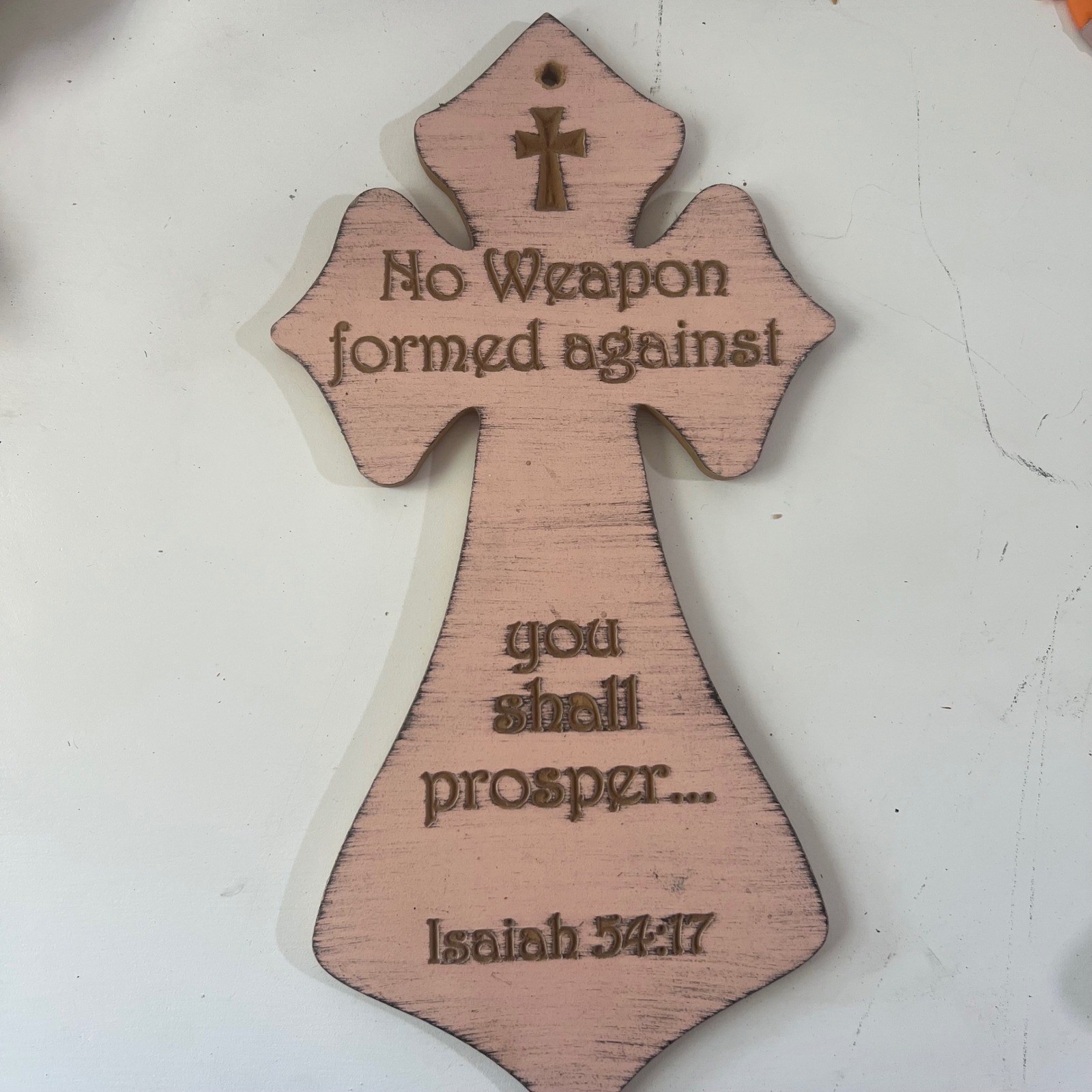 Isaiah 54:17 Wooden Wall Cross Christian Decoration Distressed Pink Bible Verse