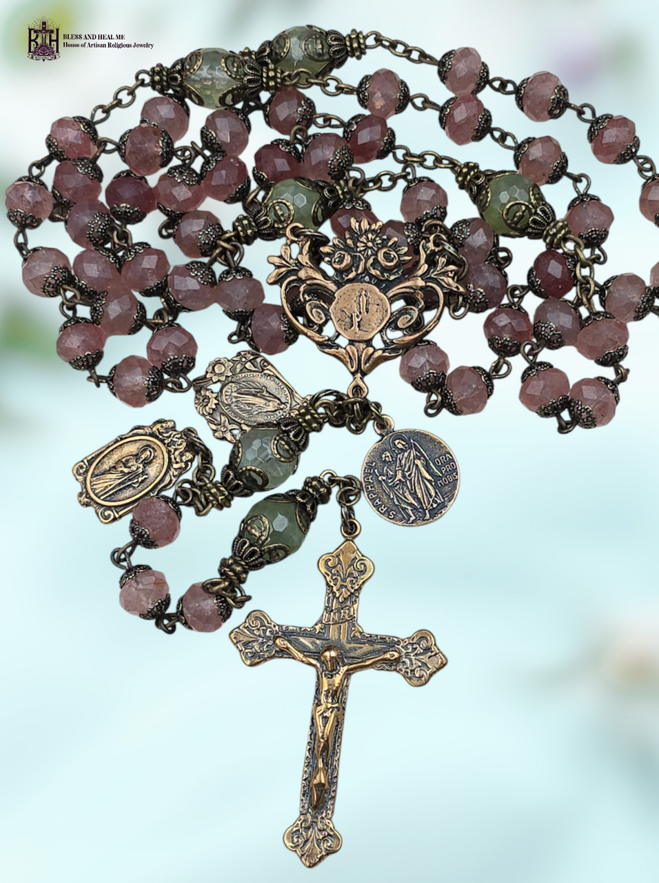 Healing Saints Lourdes, Raphael, Jude Heirloom Rosary -Bronze| Quartz | Prehnite