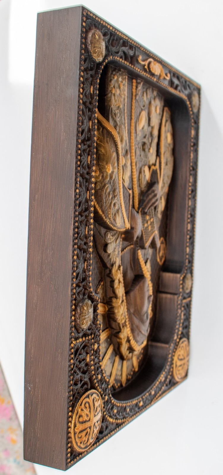Virgin Mary Orthodox Icon Handcrafted Carved Solid Wood Gold Gilt Ukraine 9X11″