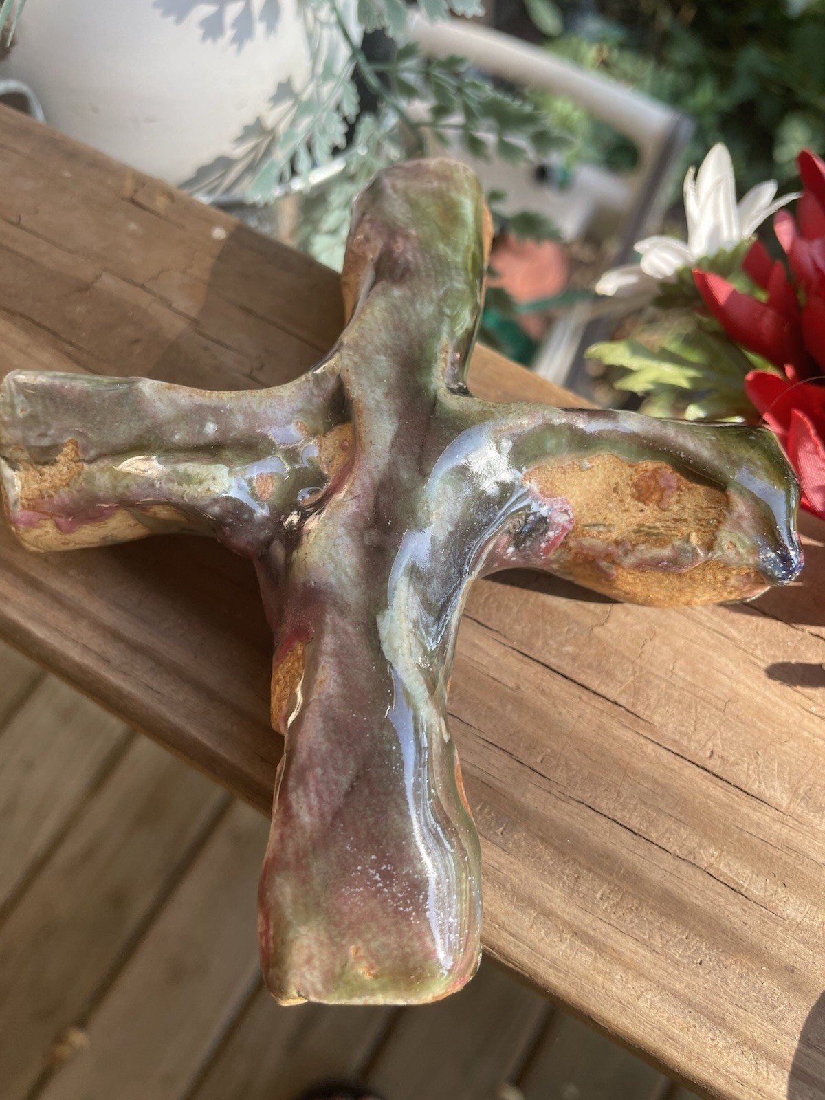 Handmade art pottery drip glaze cross notch for hanging religious Rustic Clay