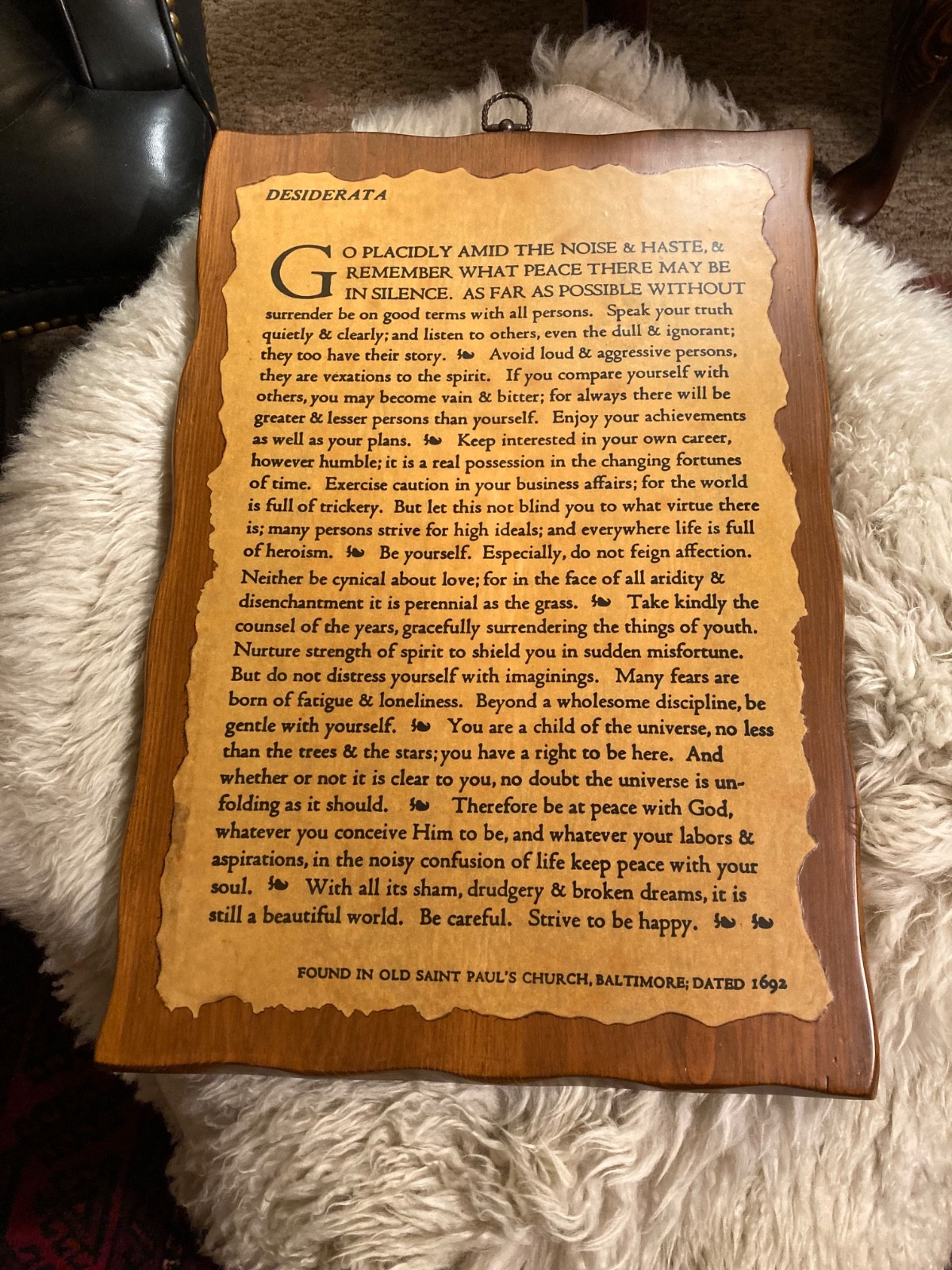 Vintage Desiderata Wall Plaque Poem On Wood Panel-Decoupage Coated- Brass Hanger
