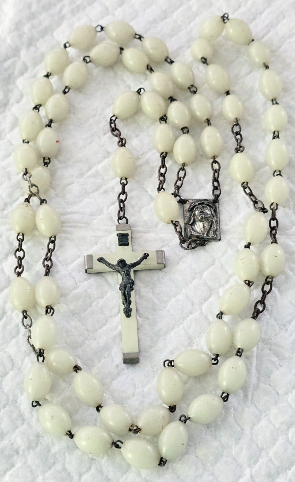Glo In Dark Plastic Bead Rosary w/ Silver Metal Crucifix Cross & Religious