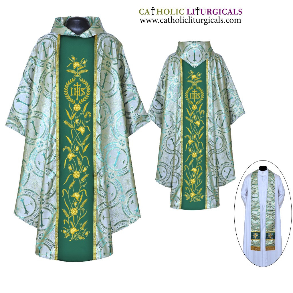 Metallic GREEN gothic collar vestment & stole set,Gothic chasuble,casulla NEW
