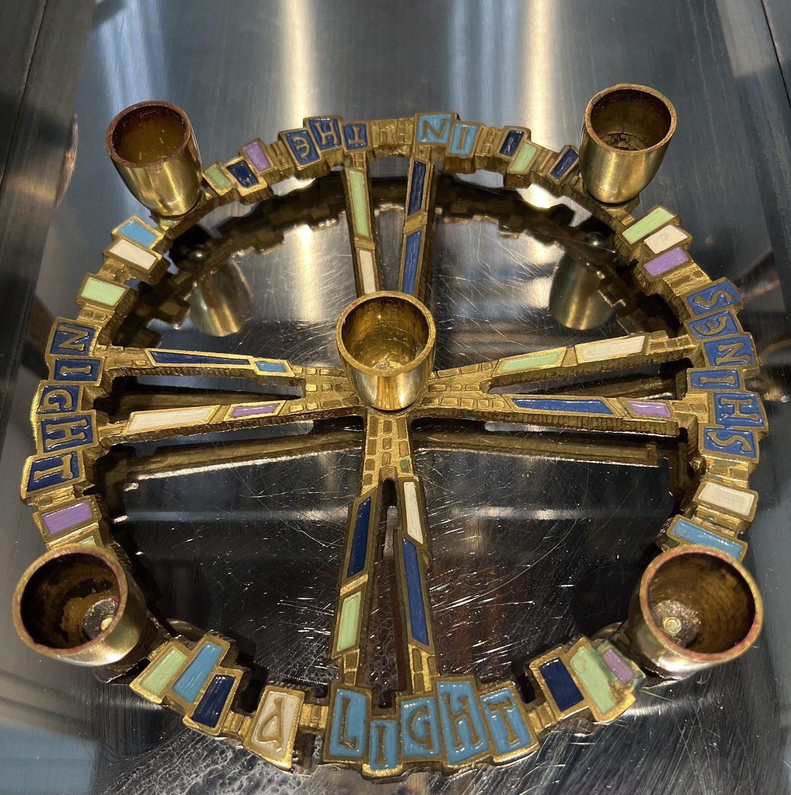 Vtg Terra Sancta Guild A Light Shines In The Night Brass Menorah Candle Holder
