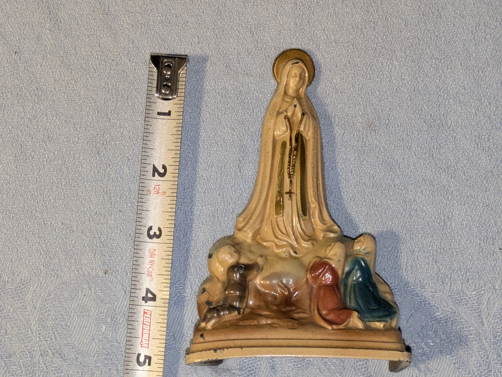 ANTIQUE D C OVERBACH METAL ENAMEL STATUE BRONZE ZINC OUR LADY FATIMA MARY FIGURE