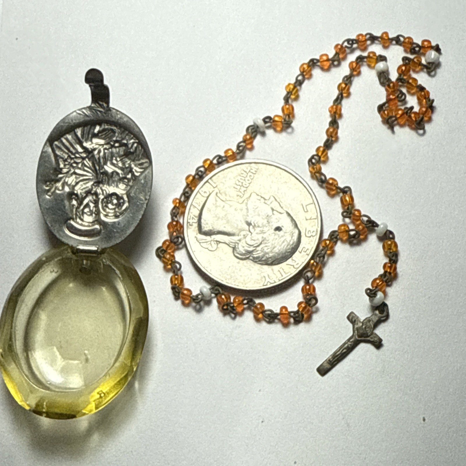 mini rosary Czech Glass In Czech Lucite Holder Pendant Antique Czechoslovakia