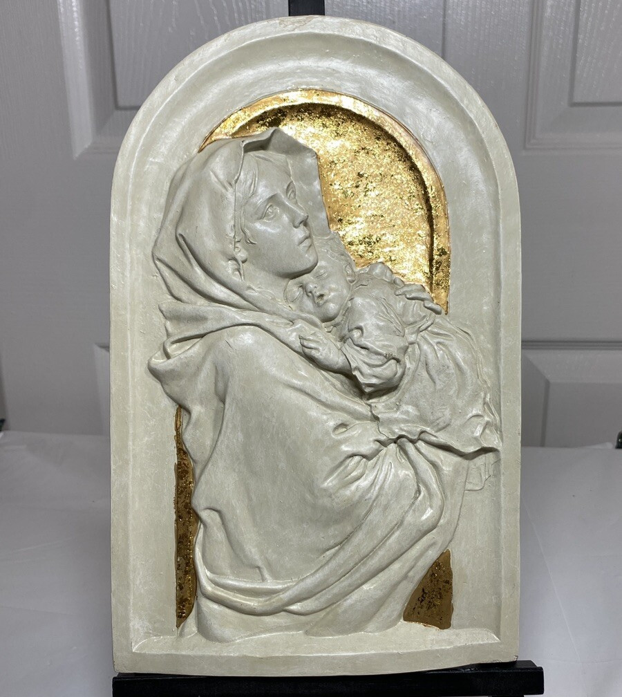 Madonna and Child Icon Arched Christ Jesus Virgin Mary in Gold Leaf Resin 11.25″