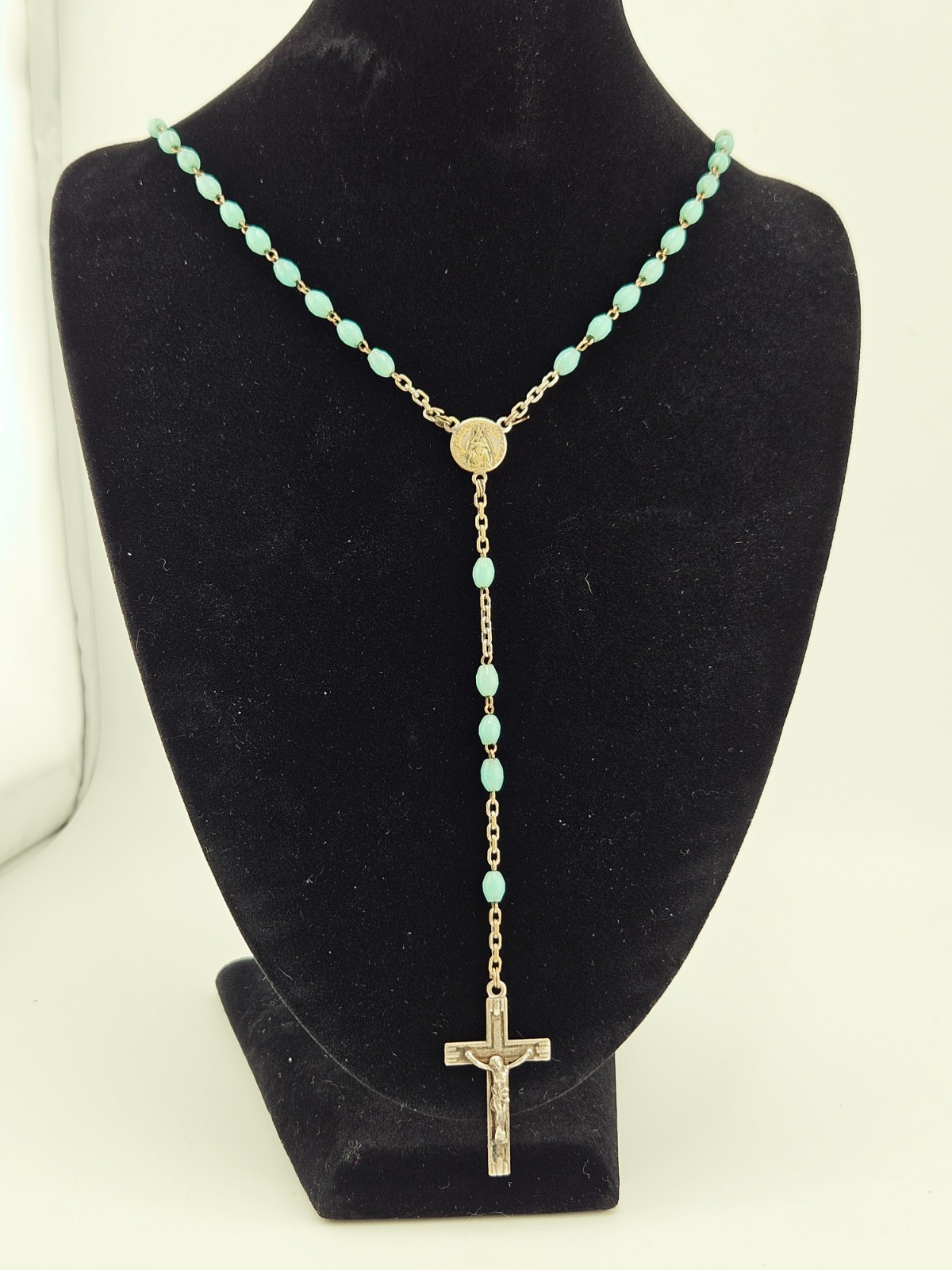 Vintage French Rosary Necklace Turquoise Blue Glass Beads Notre Dame de Liesse