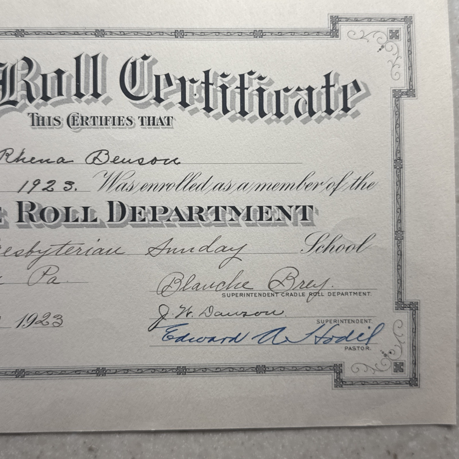 1923 Uniontown, Pennsylvania Third Presbyterian Church Cradle Roll Certificate