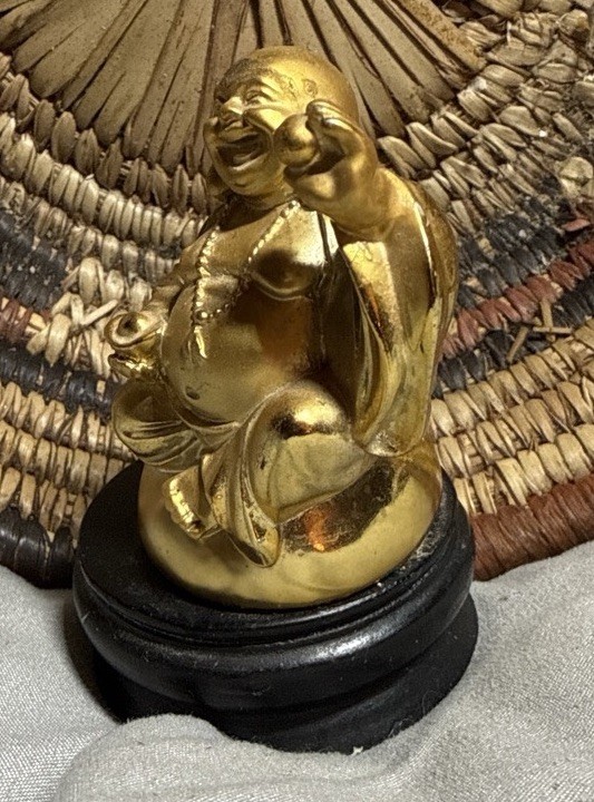 Vintage Golden Wealth /Good Luck Buddha statue on Wood Base 3 X2 Inches