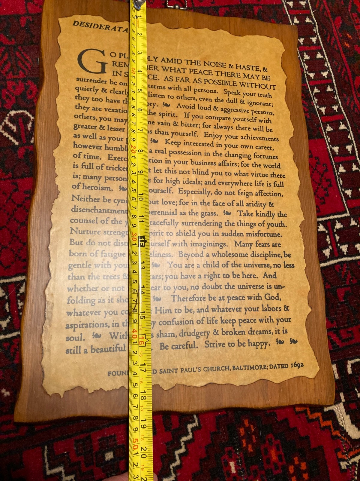 Vintage Desiderata Wall Plaque Poem On Wood Panel-Decoupage Coated- Brass Hanger