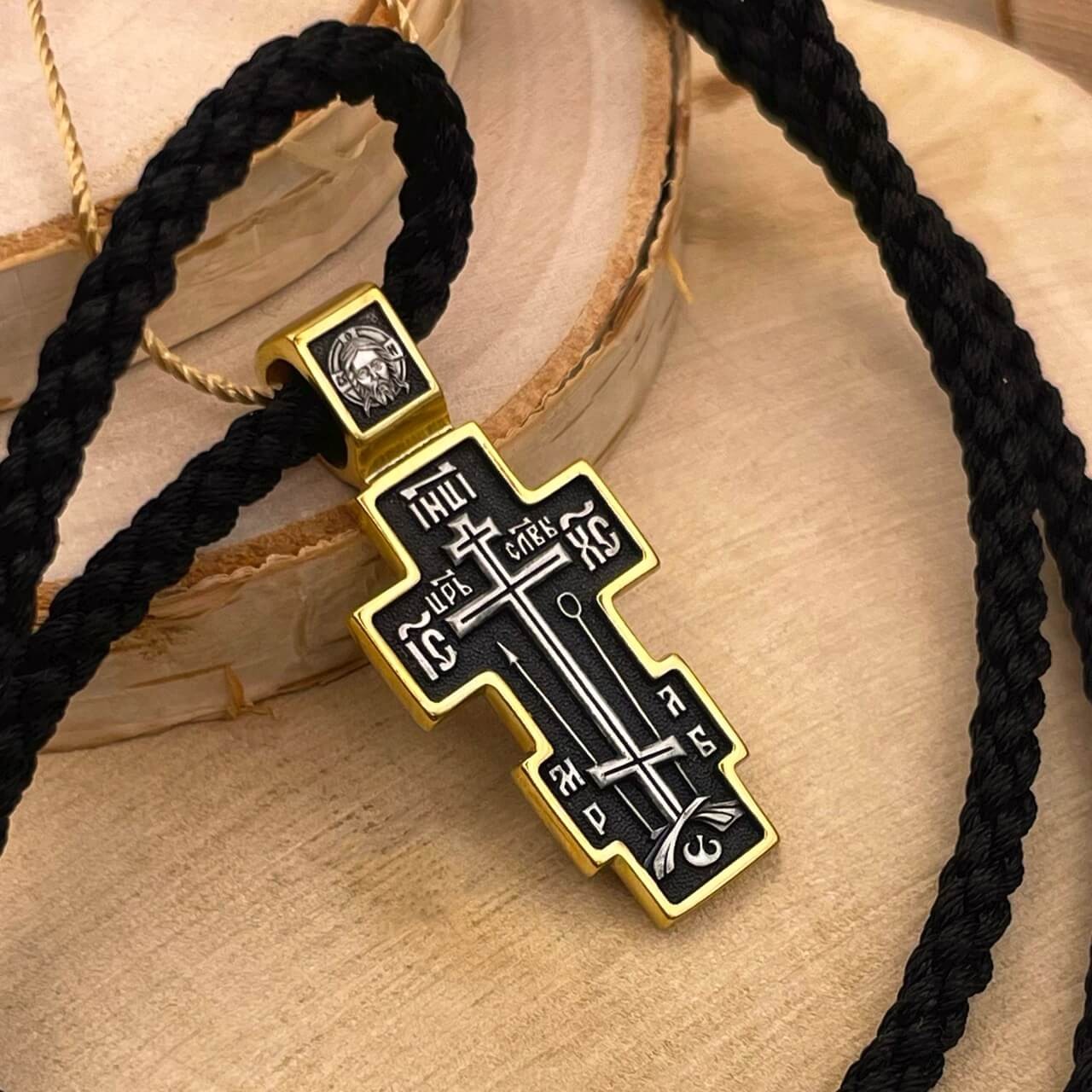 925 Silver 999 Gilding Silk Orthodox Blessed Calvary Cross & Prayer Black Cord