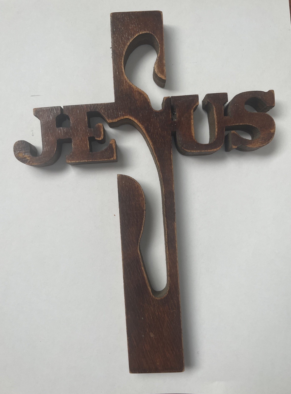 VINTAGE JESUS STAINED WOODEN CROSS WITH THE NAME JESUS CUT IN, HANDMADE 9.5”