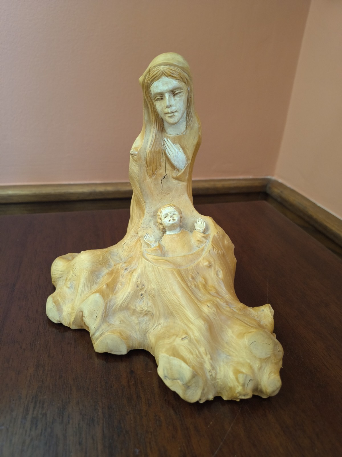 Vintage 1980 Signed HUNG Hand Carved Wood Root Madonna Child Statue Figurine 6″