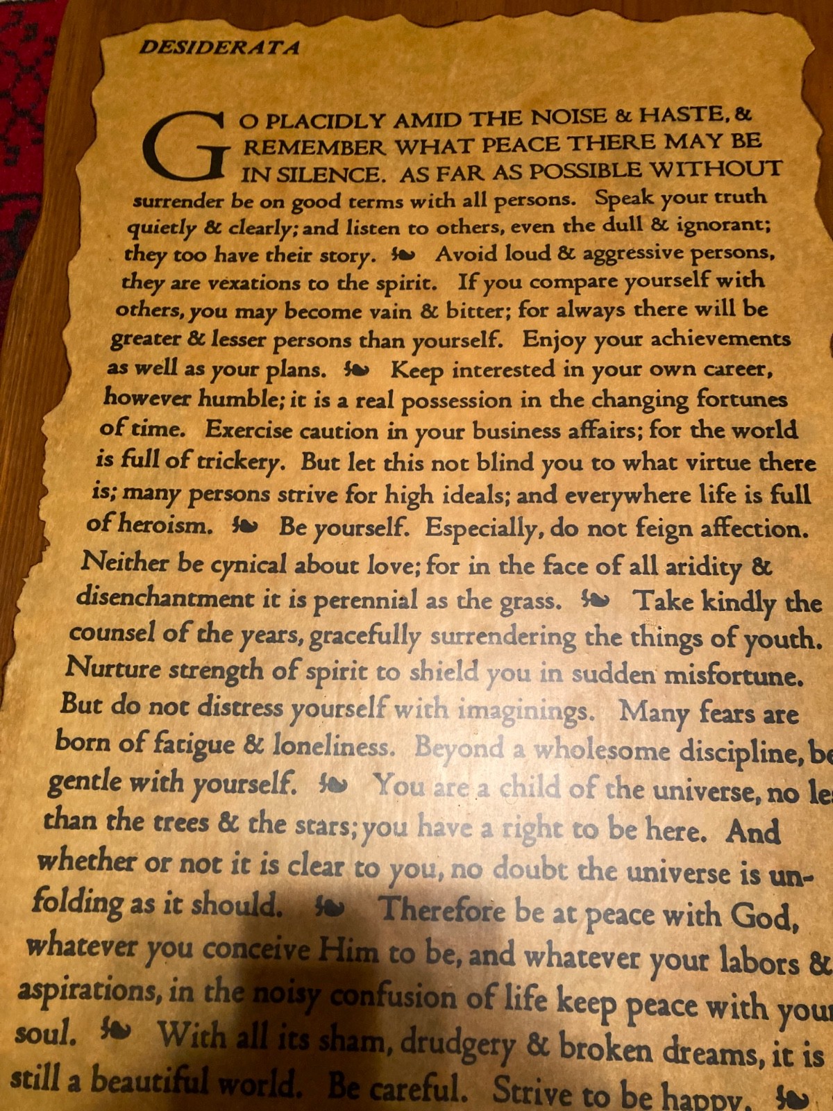 Vintage Desiderata Wall Plaque Poem On Wood Panel-Decoupage Coated- Brass Hanger