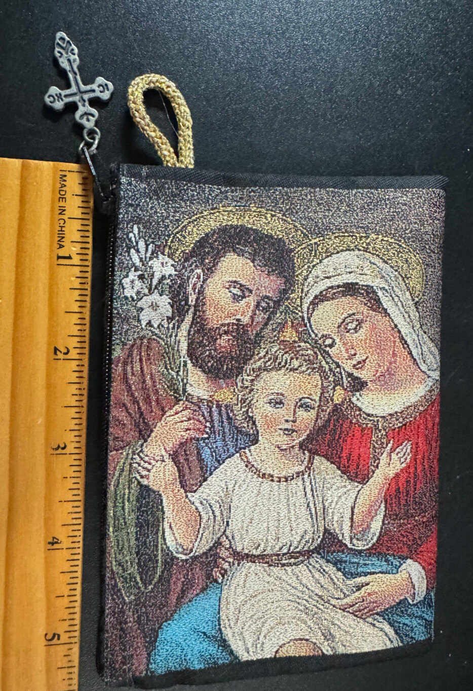 Vintage rosary bead pouch – Holy Family – zippered with cross – 5.5 inch