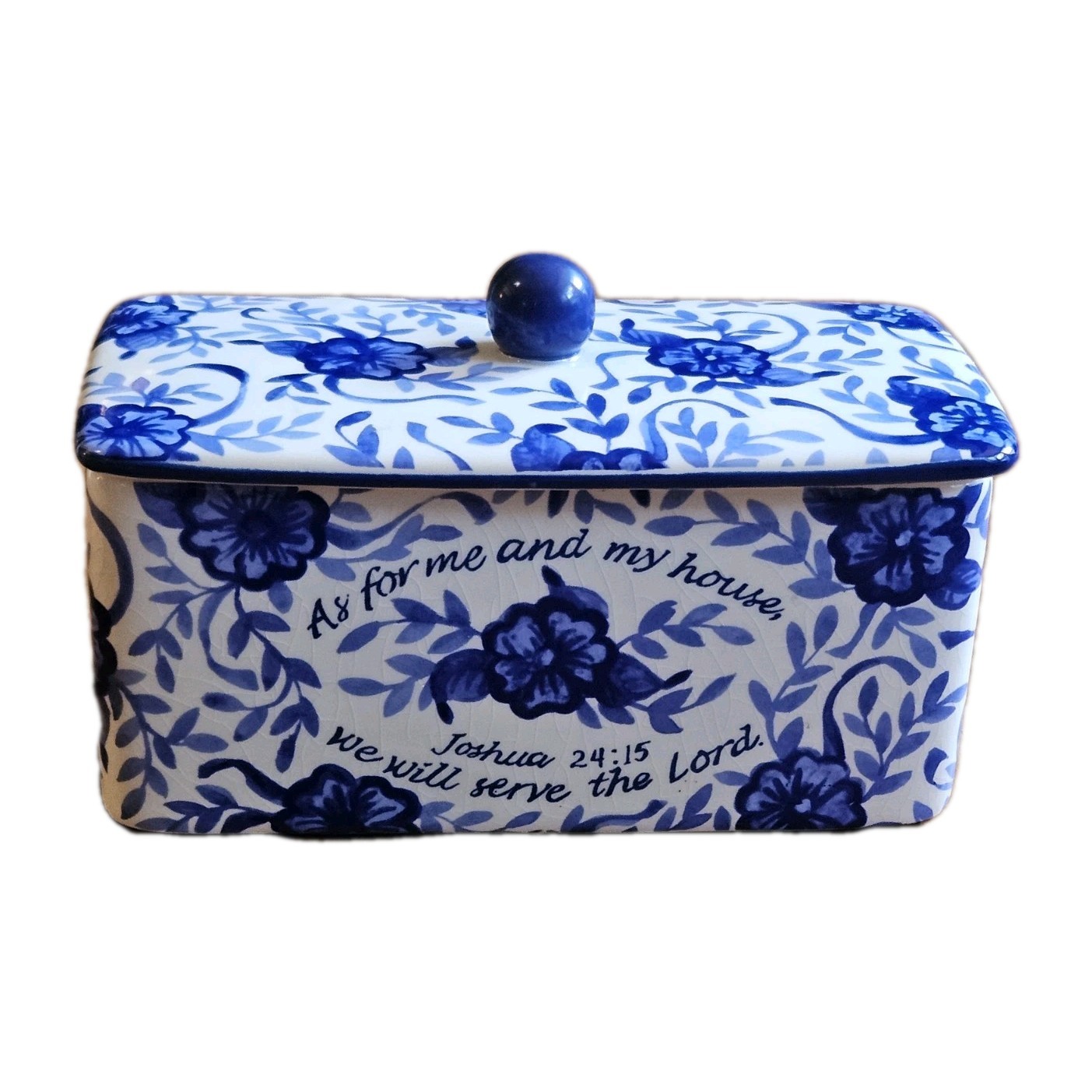 Ceramic cobalt blue on white floral lidded box with scripture text Joshua 24:15