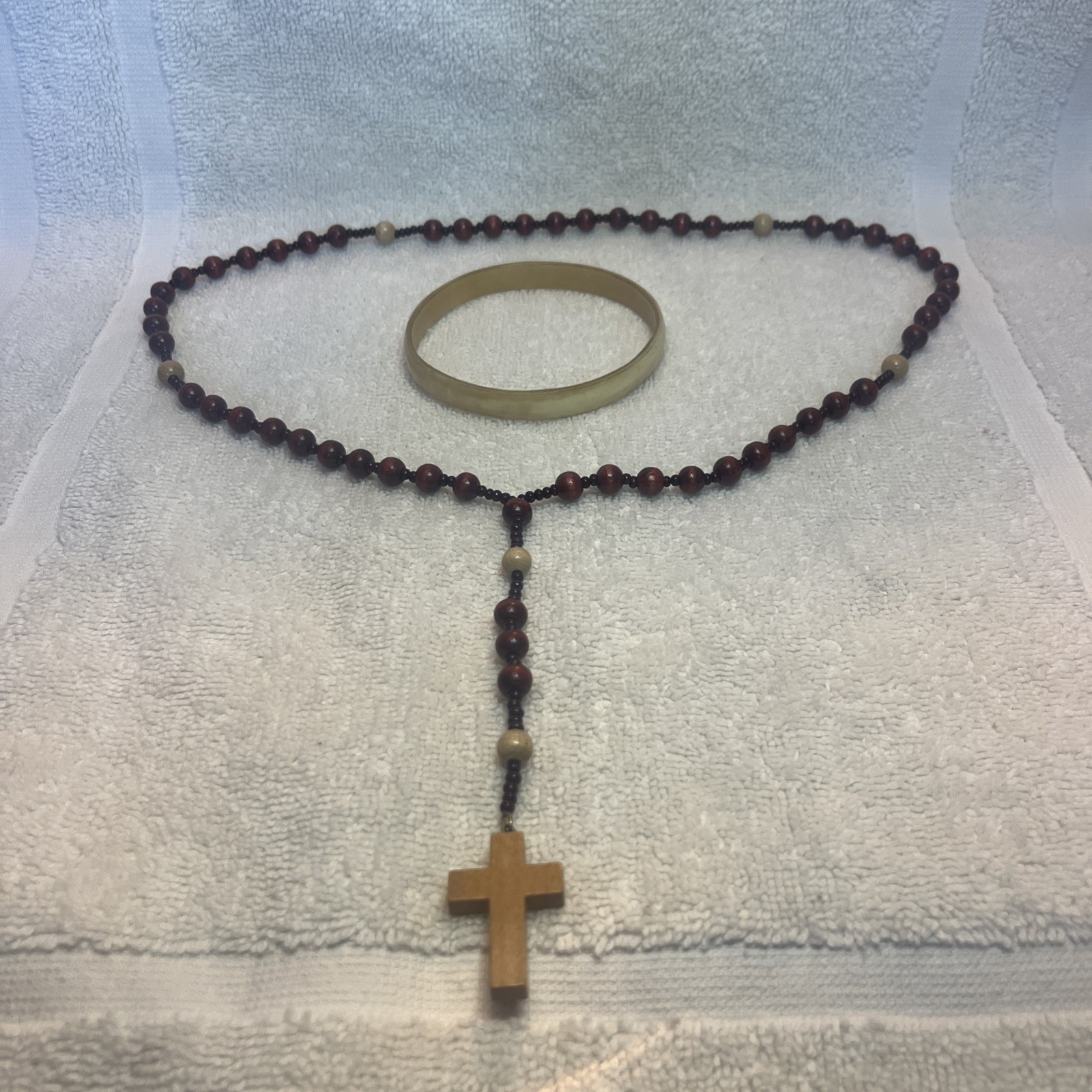 Wooden Rosary Wood Beads Monk Friar Plain With Plastic( Bone Look) Bracelet