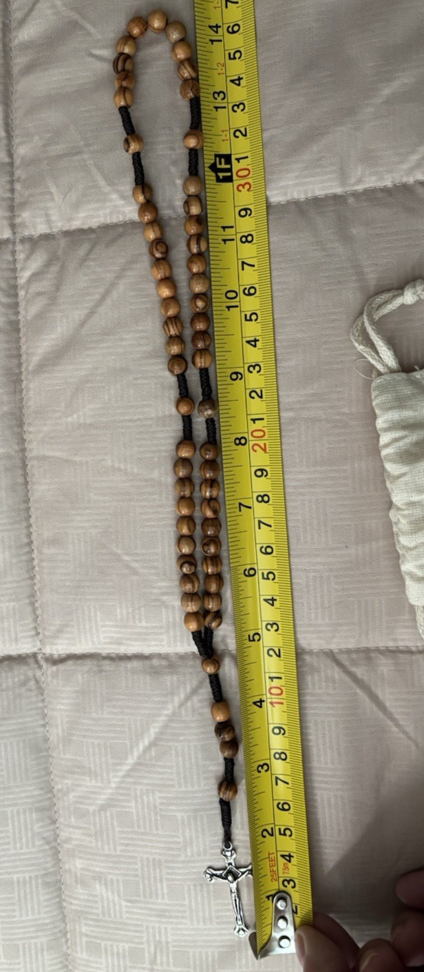 Catholic Rosary Necklace Olive Wood Round Beads Jerusalem Crucifix