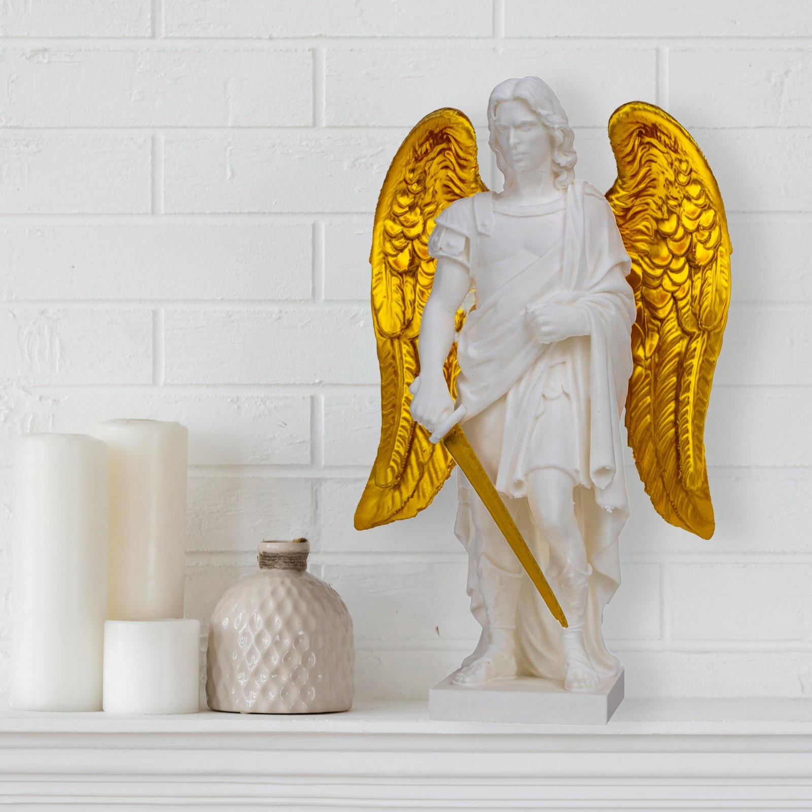 Archangel Michael Statue – White Golden Finish | Christian Home Decor | Catholic