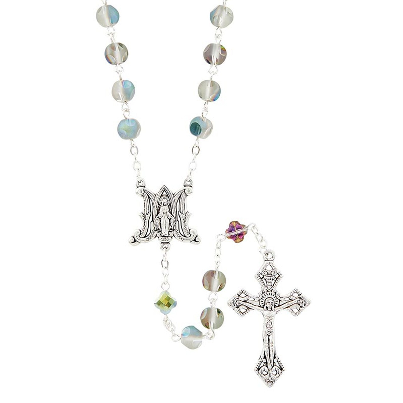 Ave Maria Mary Matte & Shiny Crystal Multicolor Beads Miraculous Medal Rosary