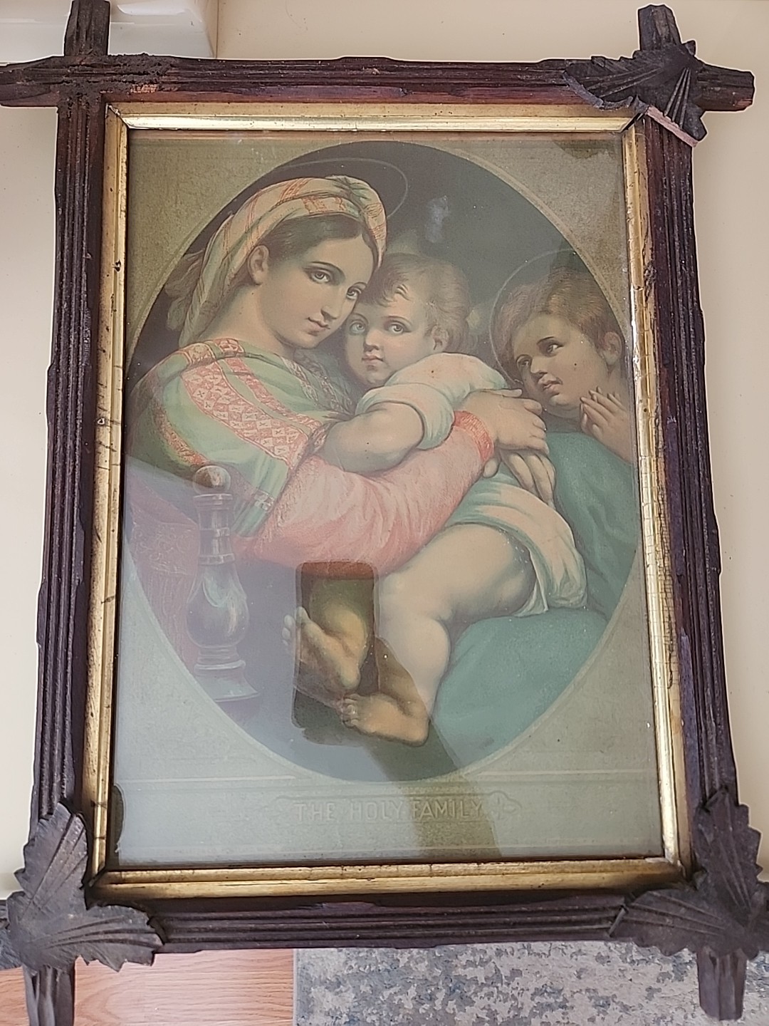 Antique Chromolithograph “The Holy Family” Raphael Style, Victorian Wood Frame