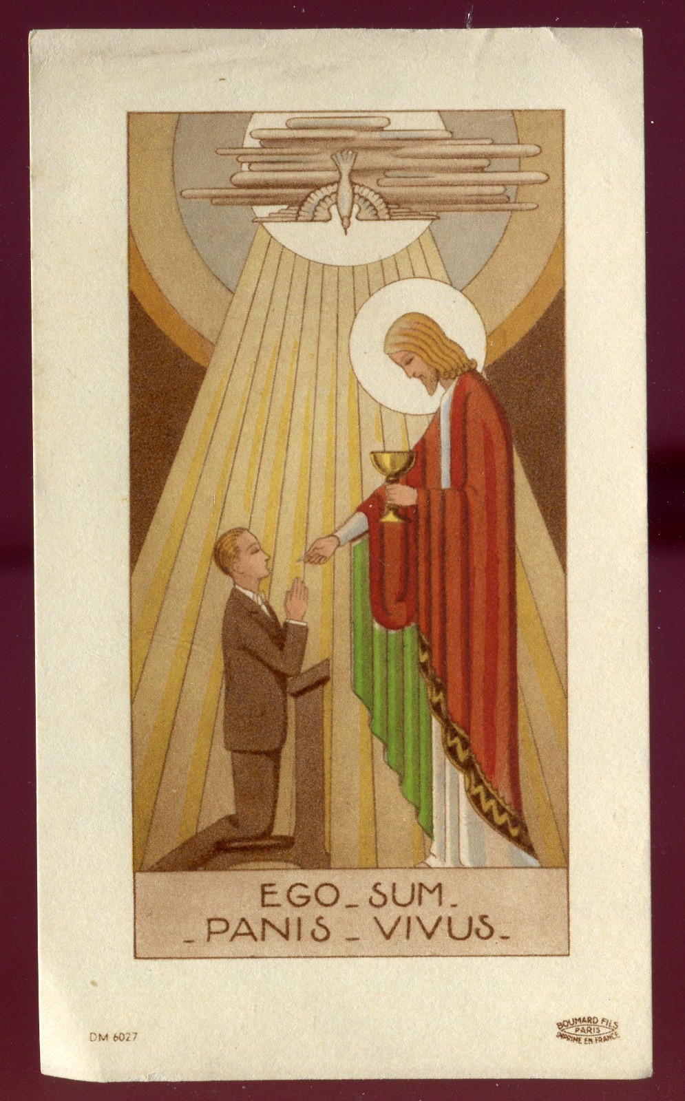 ANTIQUE HOLY CARD ART DECO OF COMMUNION BOY WITH JESUS