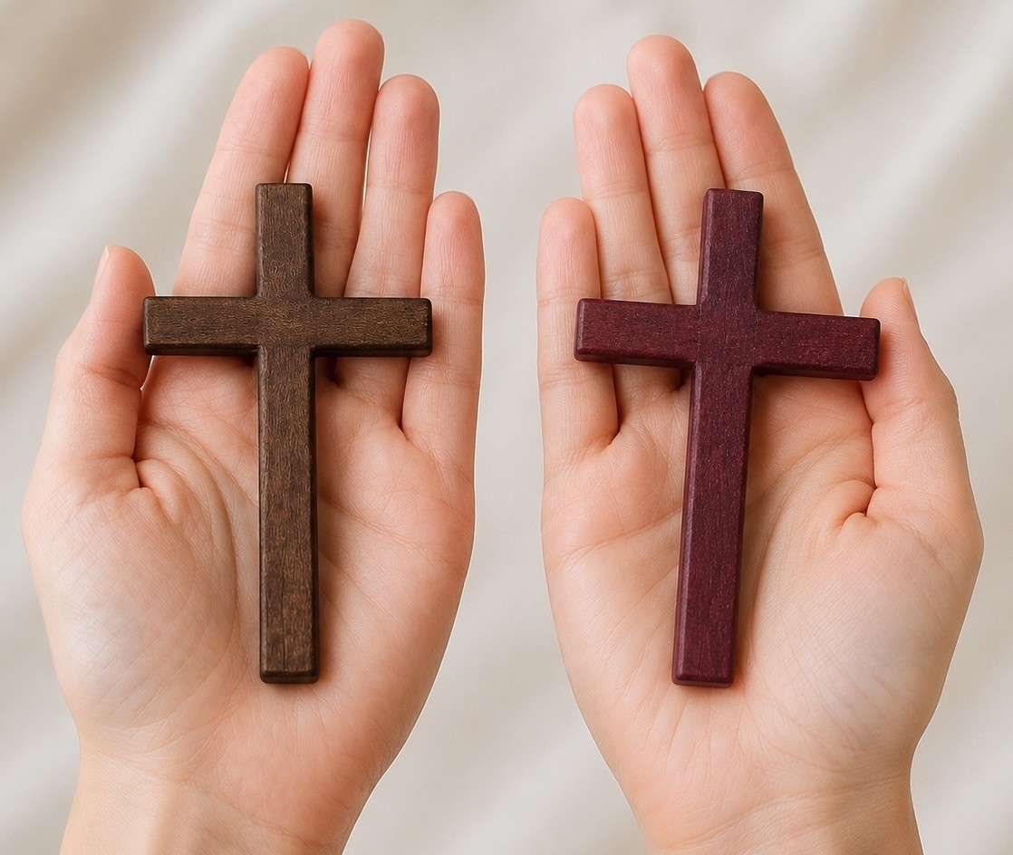 ✝️ Solid Wood Hand Cross 4.64” x 2.75” Rustic Brown & Wine Red Altar Decor Jesus