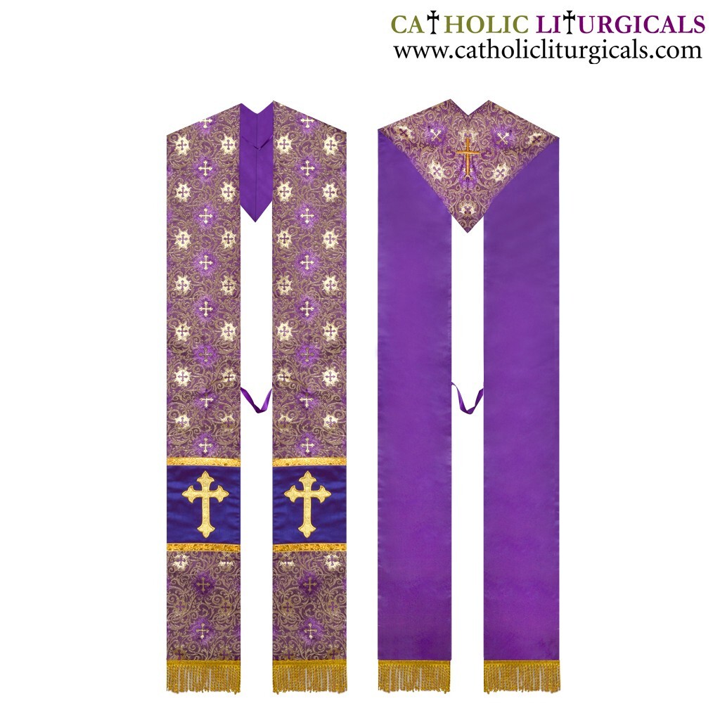 NEW Metallic Purple V-Cut Priest Stole, V-Cut Priest Stole with Cross Embroidery