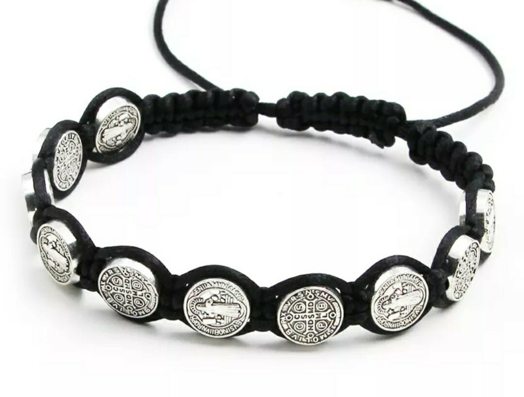 Black Saint St Benedict Bracelet 8″ Adjustable Cord 10 Bronze Medals & Holy Card