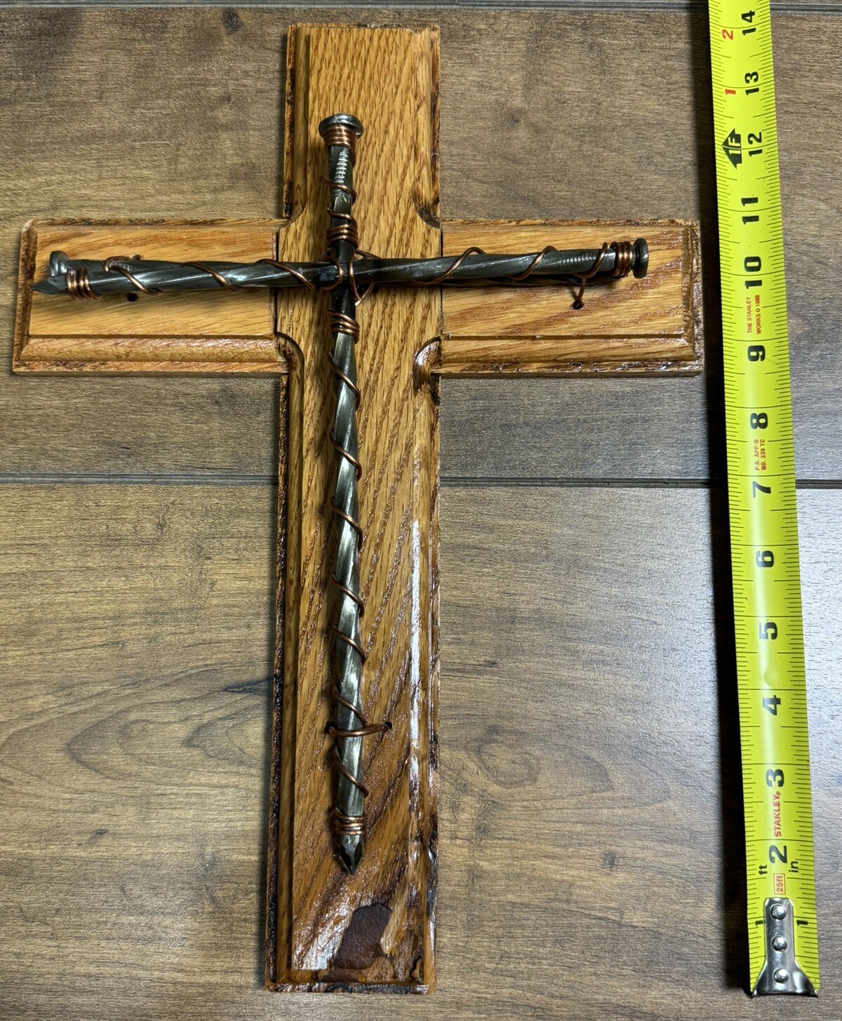 Oak Wood Wall Mount Cross Crucifix Spikes Nails Copper Wrapped Christian 10×14″