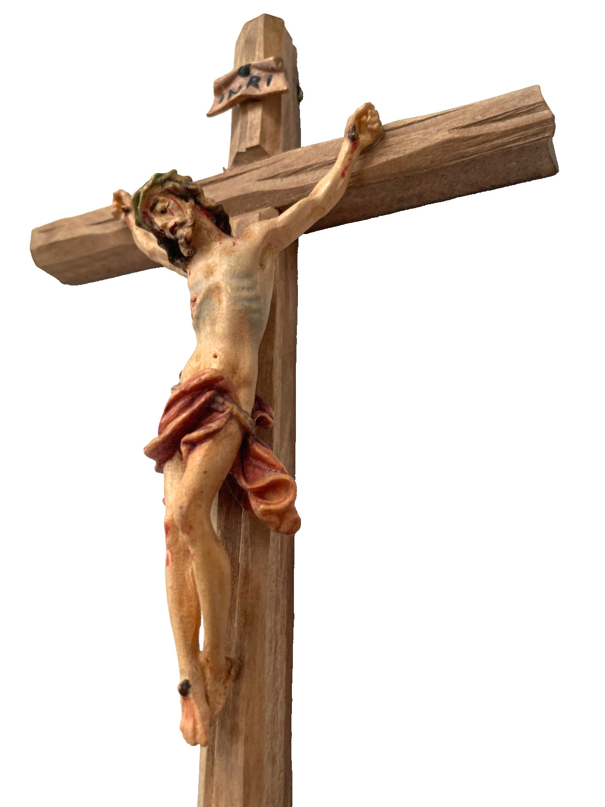 Vintage small Hand-carved & painted German Bavarian wooden wall Crucifix 10″x5″