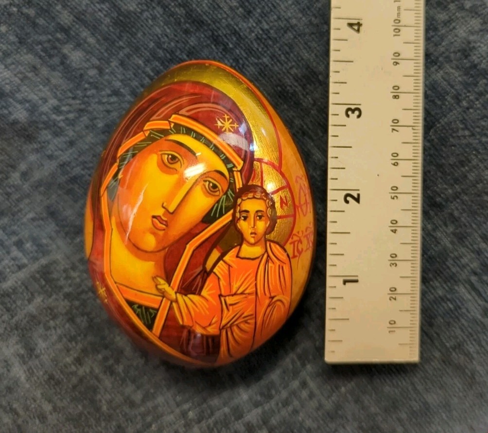 Russian Orthodox Church Wood Egg Mother And Child Religious Icon Hand Painted