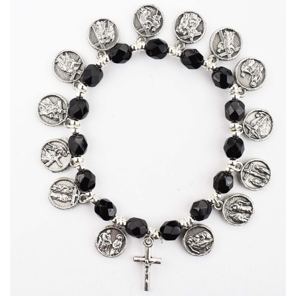 6X7MM BLACK GLASS BEADS WITH SILVER OX STATIONS OF THE CROSS MEDALS