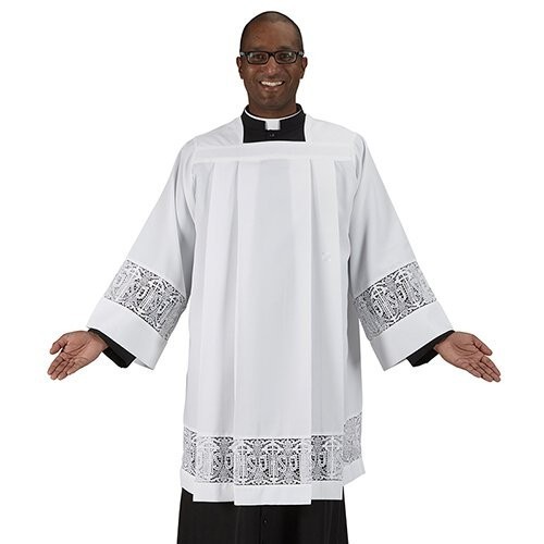White Surplice Box Pleated With Latin Cross & IHS Lace Catholic ChurchVestment